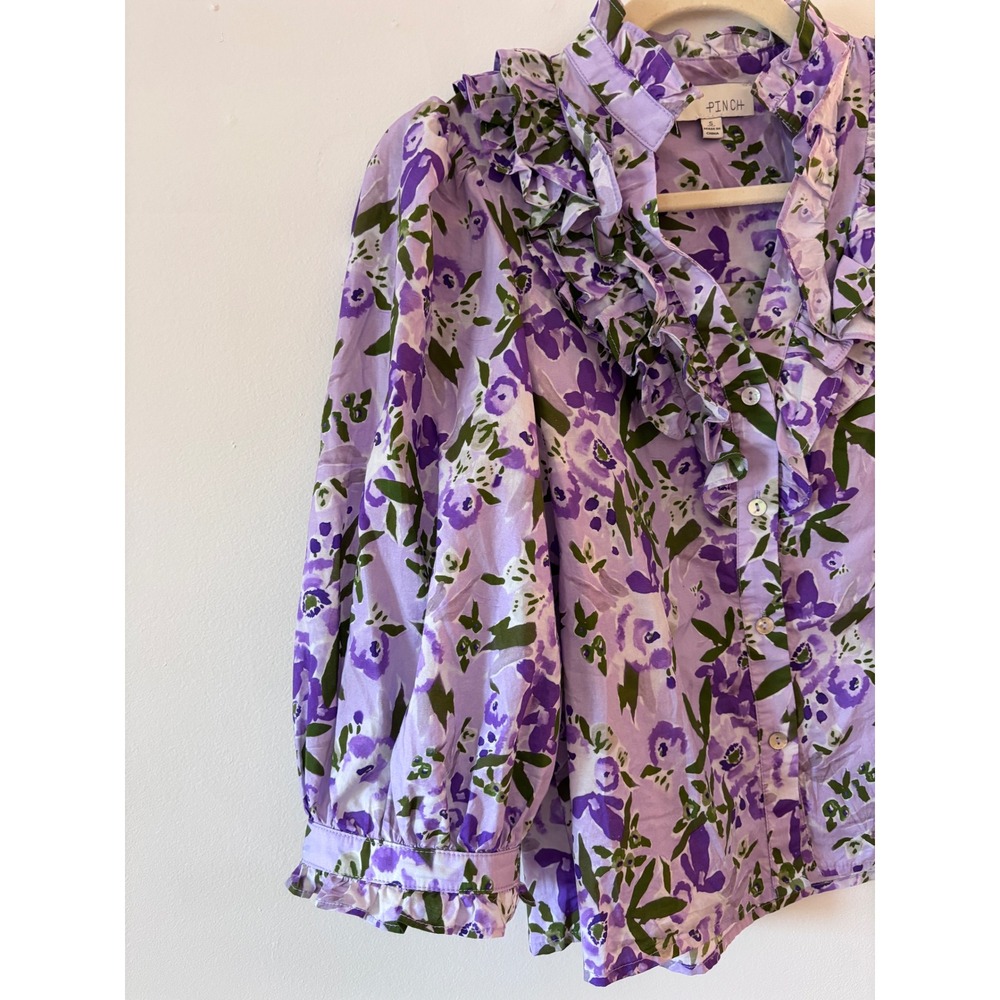 PINCH Purple Floral Ruffle V-Neck Puff Sleeve Cotton Blouse Top Small - Picture 2 of 6
